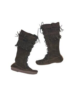 Women's Knee High Boots Sz 7 Brown Suede Leather Lace Up Fringe Handmade Boho